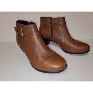Flexi Brown Leather Ankle Boots Gold Accent Side Zipped Booties Womens 6.5